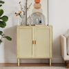 Mid-Century 2-Door Accent Chest;  Wood Storage Cabinet with Shelf and Fabric Covered Panels