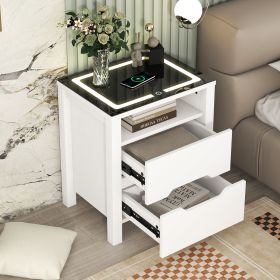 Multifunctional Storage Nightstand with 2 Drawers and an open shelf; Wireless Charging with adjustable LED; White