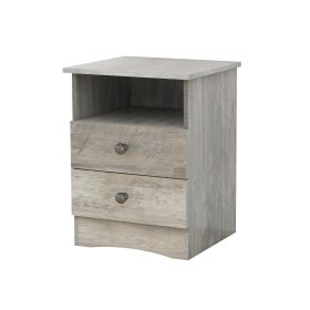 Farmhouse Nightstand with 2 Drawers and Open Shelf; Grey Oak Bedside Table with Storage & Sturdy Base; Wooden Night Stand End Table Sofa-Side Accent T