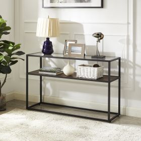 48.03" Glass Console Sofa Table; Modern Open Hallway Table; Narrow Entryway Table; 2 Shelves Couch Side Table with Adjustable Feet; Black Metal Revers