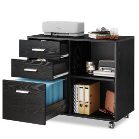 3-Drawer Wood File Cabinet; Mobile Lateral Filing Cabinet; Printer Stand with Open Storage Shelves for Home Office; Black