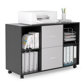 Mobile wood filing cabinet with 2 drawers and 4 open storage cabinets and wheels for home office; black oak light grey