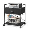 Mobile Printer Stand with Storage Drawer; Vintage Fabric File Cabinet Printer Cart for Home Office; Black