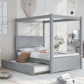 Wood Canopy Bed with Trundle Bed ; Full Size Canopy Platform bed With Support Slats .No Box Spring Needed; Brushed Gray