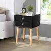 Side Table with 2 Drawer and Rubber Wood Legs;  Mid-Century Modern Storage Cabinet for Bedroom Living Room Furniture;  Black