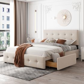 Upholstered Platform Bed with Classic Headboard and 4 Drawers; No Box Spring Needed; Linen Fabric; Queen Size Beige(OLD SKU :LP000114AAA)