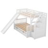 Twin over Full Bunk Bed with Drawers; Storage and Slide; Multifunction; White