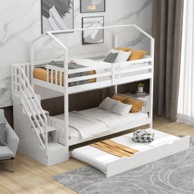 Multifunctional Twin over Twin House Bunk Bed with Staircase and Storage Space; White