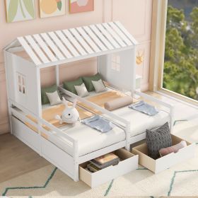 Twin Size House Platform Beds with Two Drawers for Boy and Girl Shared Beds; Combination of 2 Side by Side Twin Size Beds; White