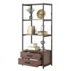 Home Office 4-Tier Bookshelf; Simple Industrial Bookcase Standing Shelf Unit Storage Organizer with 4 Open Storage Shelves and Two Drawers; Brown