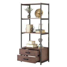 Home Office 4-Tier Bookshelf; Simple Industrial Bookcase Standing Shelf Unit Storage Organizer with 4 Open Storage Shelves and Two Drawers; Brown