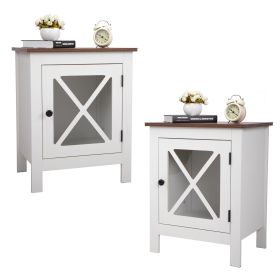 Industrial Nightstand Side Table End Table with X design glass Door - White & Walnut 2 pieces XH