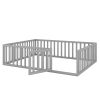 Queen Size Wood Floor Bed Frame with Fence and Door; Gray(OLD SKU:WF289663AAE)