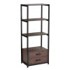 Home Office 4-Tier Bookshelf; Simple Industrial Bookcase Standing Shelf Unit Storage Organizer with 4 Open Storage Shelves and Two Drawers; Brown