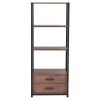 Home Office 4-Tier Bookshelf; Simple Industrial Bookcase Standing Shelf Unit Storage Organizer with 4 Open Storage Shelves and Two Drawers; Brown