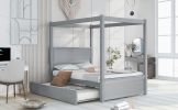 Wood Canopy Bed with Trundle Bed ; Full Size Canopy Platform bed With Support Slats .No Box Spring Needed; Brushed Gray