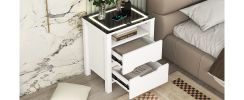 Multifunctional Storage Nightstand with 2 Drawers and an open shelf; Wireless Charging with adjustable LED; White