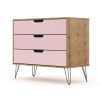 Manhattan Comfort Rockefeller Mid-Century- Modern Dresser with 3-Drawers in Nature and Rose Pink