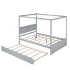 Wood Canopy Bed with Trundle Bed ; Full Size Canopy Platform bed With Support Slats .No Box Spring Needed; Brushed Gray