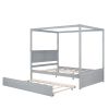 Wood Canopy Bed with Trundle Bed ; Full Size Canopy Platform bed With Support Slats .No Box Spring Needed; Brushed Gray