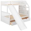 Twin over Full Bunk Bed with Drawers; Storage and Slide; Multifunction; White