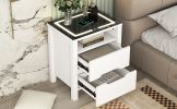 Multifunctional Storage Nightstand with 2 Drawers and an open shelf; Wireless Charging with adjustable LED; White