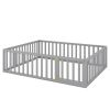 Queen Size Wood Floor Bed Frame with Fence and Door; Gray(OLD SKU:WF289663AAE)