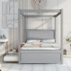 Wood Canopy Bed with Trundle Bed ; Full Size Canopy Platform bed With Support Slats .No Box Spring Needed; Brushed Gray