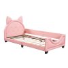 Twin Size Upholstered Daybed with Carton Ears Shaped Headboard; Pink