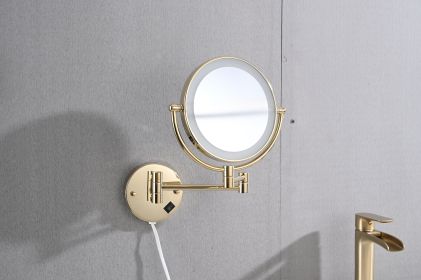 8 Inch LED Wall Mount Two-Sided Magnifying Makeup Vanity Mirror  Extension Finish 1X/3X Magnification Plug 360 Degree Rotation Waterproof Button Shavi (Color: Gold)