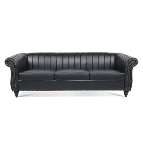 83.46''  PU Rolled Arm Chesterfield Three Seater Sofa. (Color: Black)