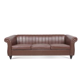 83.46''  PU Rolled Arm Chesterfield Three Seater Sofa. (Color: Dark Brown)