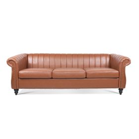 83.46''  PU Rolled Arm Chesterfield Three Seater Sofa. (Color: Brown)