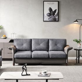 Living Room Furniture Linen Fabric Faux Leather with Wood Leg Sofa (Color: DARK GREY)