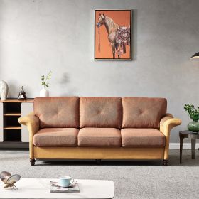 Living Room Furniture Linen Fabric Faux Leather with Wood Leg Sofa (Color: Brown)