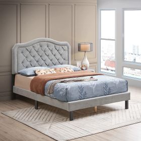 Velvet Button Tufted-Upholstered Bed with Wings Design - Strong Wood Slat Support - Easy Assembly (Color: Light Gray)