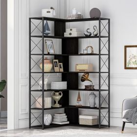 7-Tier Bookcase Home Office Bookshelf, L-Shaped Corner Bookcase with Metal Frame, Industrial Style Shelf with Open Storage, MDF Board (Color: Black)