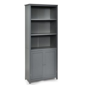 Standing Wooden Bookcase with  3 Tier Open Book Shelving and Double Doors (Color: Gray)