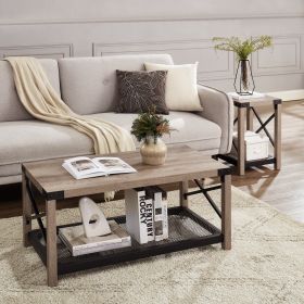 38.82" Farmhouse Coffee Table;  2-Tier Cocktail Table;  Center Table with Mesh Shelf;  Steel Frame;  Corner Protection;  Industrial Style;  Long Table (Color: Grey)