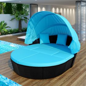 Outdoor rattan daybed sunbed with Retractable Canopy Wicker Furniture, Round Outdoor Sectional Sofa Set, black Wicker Furniture Clamshell Seating with (Color: Blue)