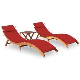 vidaXL Sun Loungers 2 pcs with Table and Cushions Solid Acacia Wood (Color: Red)