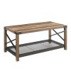 38.82" Farmhouse Coffee Table;  2-Tier Cocktail Table;  Center Table with Mesh Shelf;  Steel Frame;  Corner Protection;  Industrial Style;  Long Table