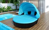 Outdoor rattan daybed sunbed with Retractable Canopy Wicker Furniture, Round Outdoor Sectional Sofa Set, black Wicker Furniture Clamshell Seating with